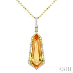 22X9 MM Shield Shape Citrine and 1/4 Ctw Round Cut Diamond Semi-Precious Pendant With Chain in 14K Yellow Gold