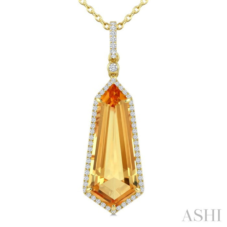 22X9 MM Shield Shape Citrine and 1/4 Ctw Round Cut Diamond Semi-Precious Pendant With Chain in 14K Yellow Gold