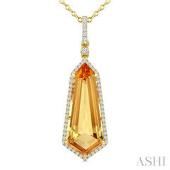 22X9 MM Shield Shape Citrine and 1/4 Ctw Round Cut Diamond Semi-Precious Pendant With Chain in 14K Yellow Gold