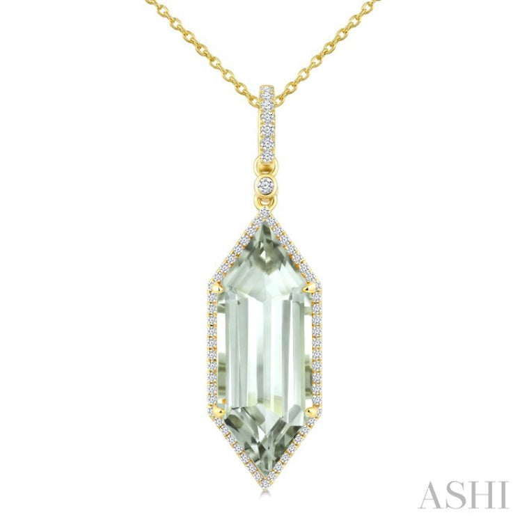 22X8 MM Hexagon Shape Green Amethyst and 1/4 Ctw Round Cut Diamond Semi-Precious Pendant With Chain in 14K Yellow Gold