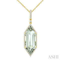 22X8 MM Hexagon Shape Green Amethyst and 1/4 Ctw Round Cut Diamond Semi-Precious Pendant With Chain in 14K Yellow Gold