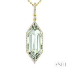 22X8 MM Hexagon Shape Green Amethyst and 1/4 Ctw Round Cut Diamond Semi-Precious Pendant With Chain in 14K Yellow Gold