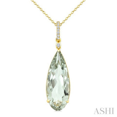 22X8 MM Pear Shape Green Amethyst and 1/20 Ctw Round Cut Diamond Semi-Precious Pendant With Chain in 14K Yellow Gold
