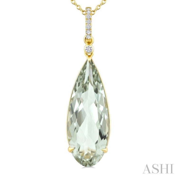22X8 MM Pear Shape Green Amethyst and 1/20 Ctw Round Cut Diamond Semi-Precious Pendant With Chain in 14K Yellow Gold