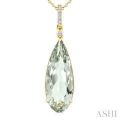 22X8 MM Pear Shape Green Amethyst and 1/20 Ctw Round Cut Diamond Semi-Precious Pendant With Chain in 14K Yellow Gold