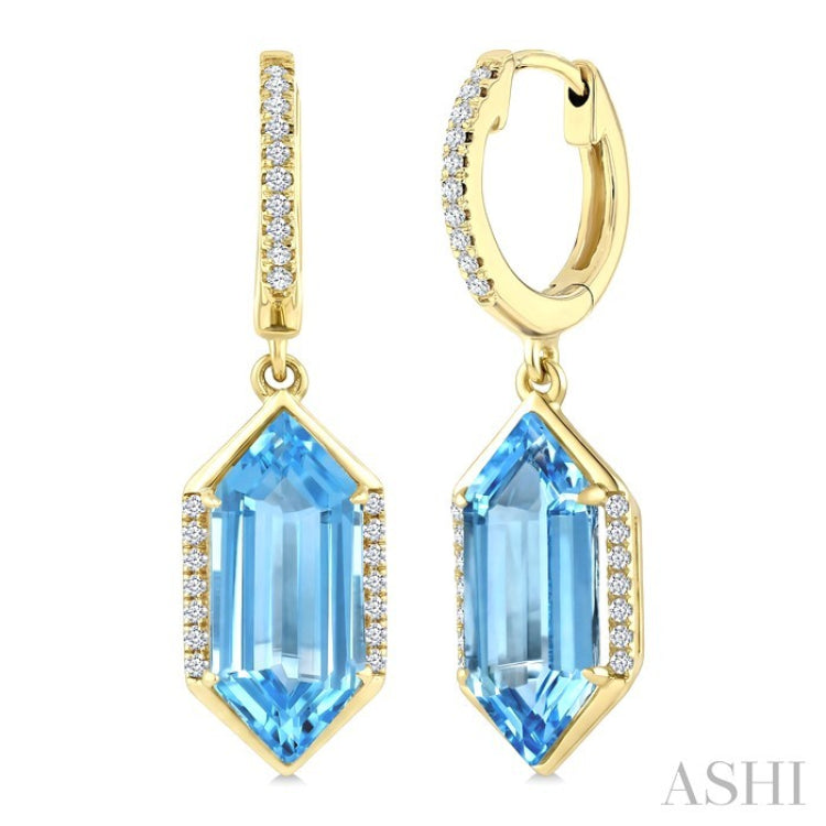 14X6 MM Hexagon Shape Blue Topaz and 1/5 Ctw Round Cut Diamond Semi-Precious Earrings in 14K Yellow Gold