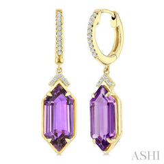 14X6 MM Hexagon Shape Amethyst and 1/6 Ctw Round Cut Diamond Semi-Precious Earrings in 14K Yellow Gold