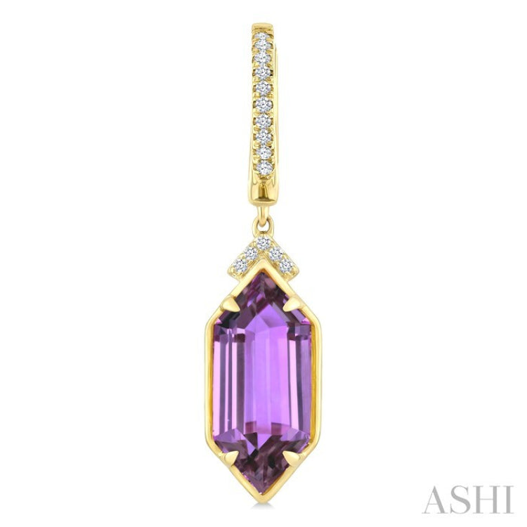 14X6 MM Hexagon Shape Amethyst and 1/6 Ctw Round Cut Diamond Semi-Precious Earrings in 14K Yellow Gold