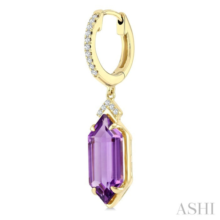 14X6 MM Hexagon Shape Amethyst and 1/6 Ctw Round Cut Diamond Semi-Precious Earrings in 14K Yellow Gold