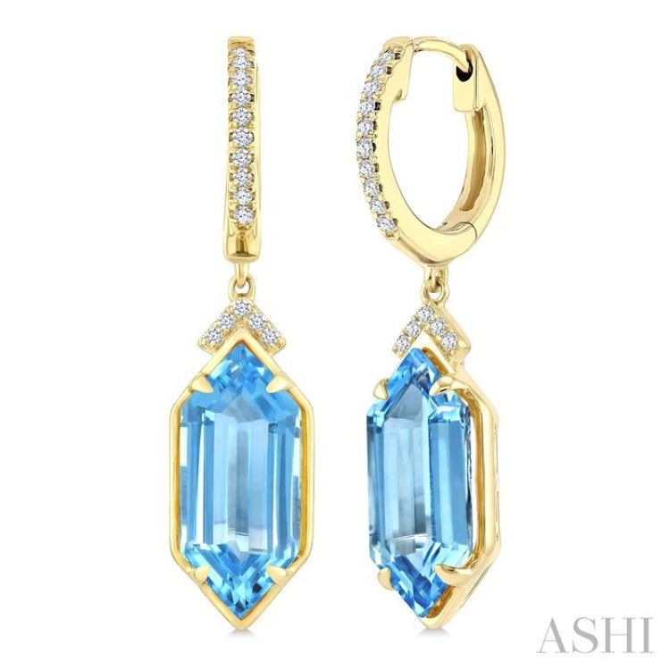 14X6 MM Hexagon Shape Blue Topaz and 1/6 Ctw Round Cut Diamond Semi-Precious Earrings in 14K Yellow Gold