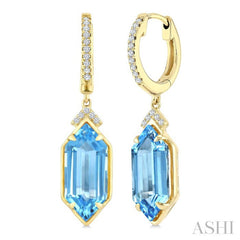 14X6 MM Hexagon Shape Blue Topaz and 1/6 Ctw Round Cut Diamond Semi-Precious Earrings in 14K Yellow Gold