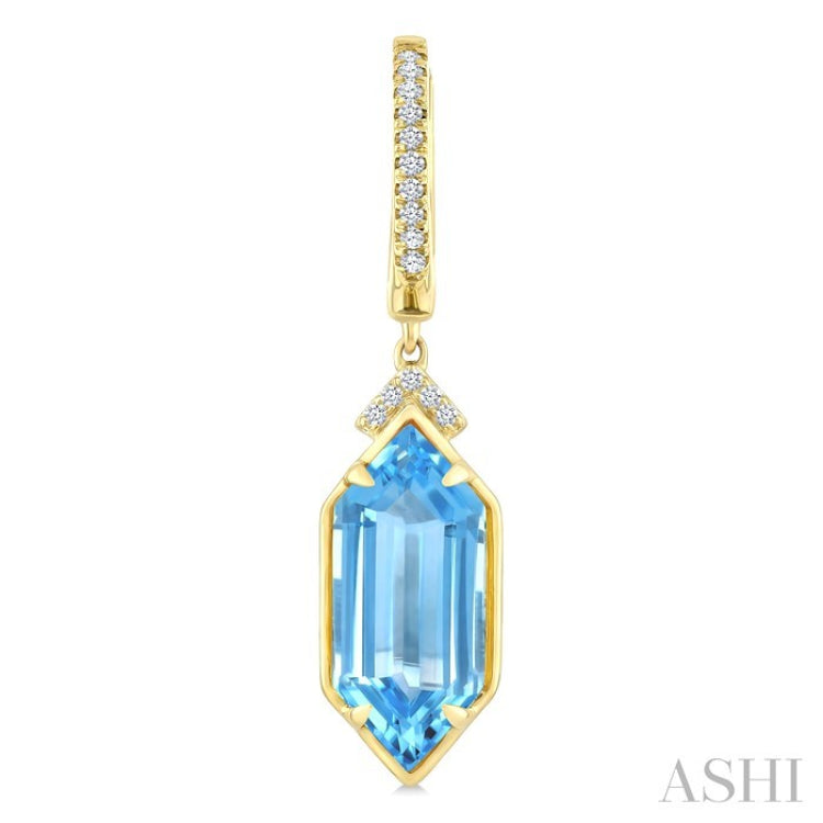 14X6 MM Hexagon Shape Blue Topaz and 1/6 Ctw Round Cut Diamond Semi-Precious Earrings in 14K Yellow Gold