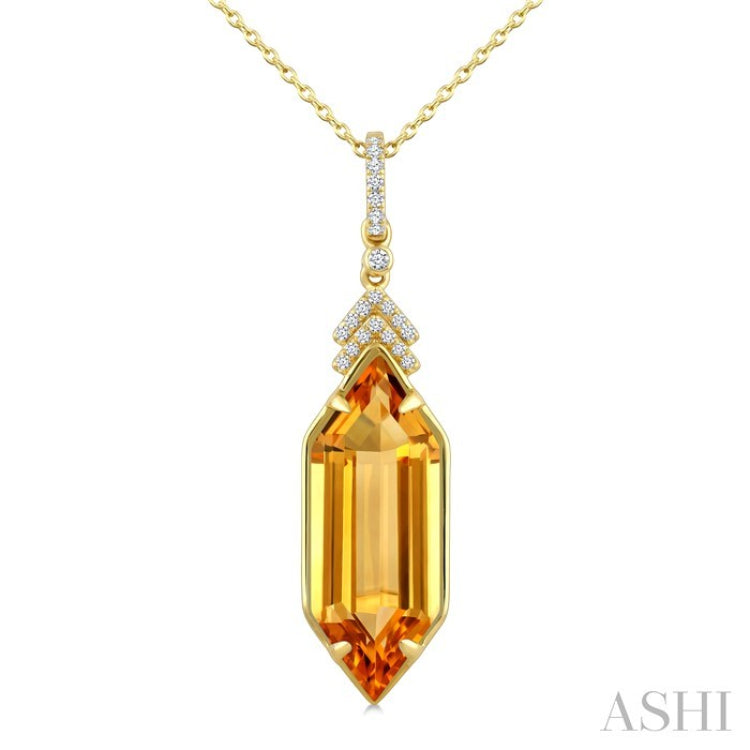 22X8 MM Hexagon Shape Citrine and 1/10 Ctw Round Cut Diamond Semi-Precious Pendant With Chain in 14K Yellow Gold