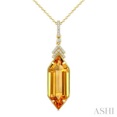 22X8 MM Hexagon Shape Citrine and 1/10 Ctw Round Cut Diamond Semi-Precious Pendant With Chain in 14K Yellow Gold