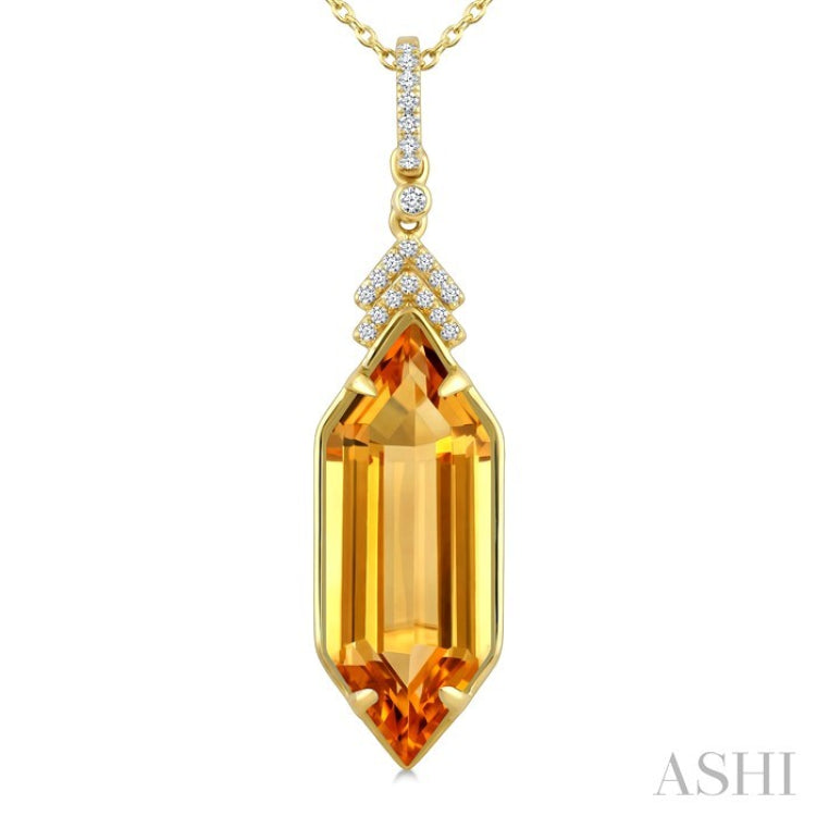 22X8 MM Hexagon Shape Citrine and 1/10 Ctw Round Cut Diamond Semi-Precious Pendant With Chain in 14K Yellow Gold