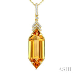 22X8 MM Hexagon Shape Citrine and 1/10 Ctw Round Cut Diamond Semi-Precious Pendant With Chain in 14K Yellow Gold