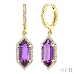 12X5 MM Hexagon Shape Amethyst and 1/3 Ctw Round Cut Diamond Semi-Precious Earrings in 10K Yellow Gold