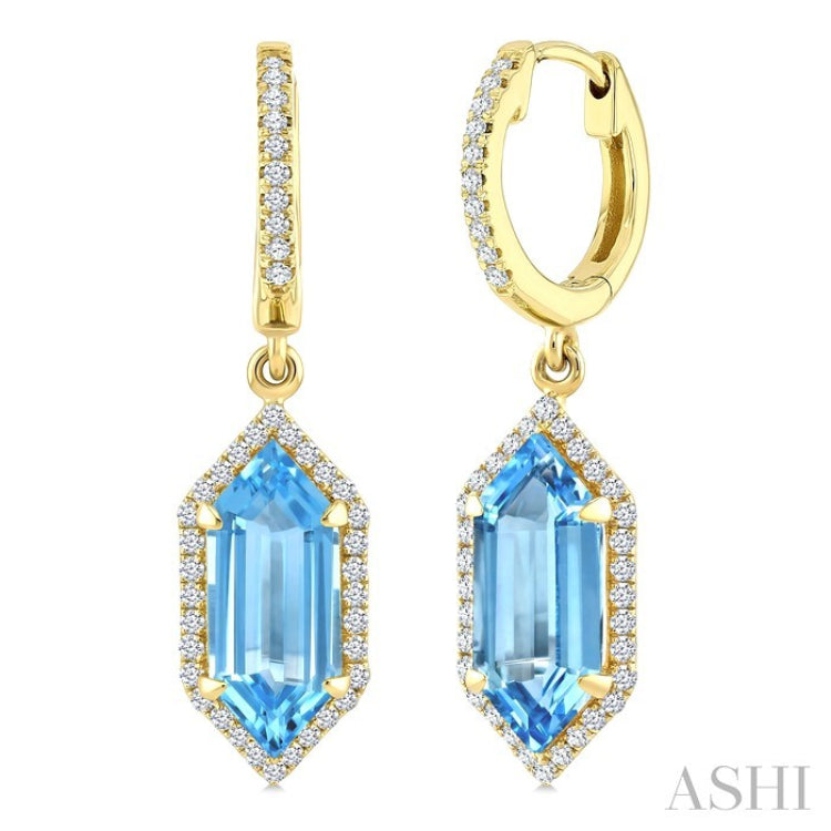 12X5 MM Hexagon Shape Blue Topaz and 1/3 Ctw Round Cut Diamond Semi-Precious Earrings in 10K Yellow Gold