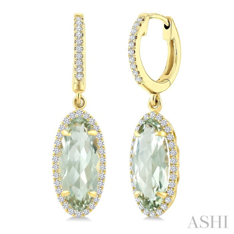 12X5 MM Oval Shape Green Amethyst and 1/3 Ctw Round Cut Diamond Semi-Precious Earrings in 10K Yellow Gold