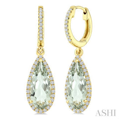 12X5 MM Pear Shape Green Amethyst and 1/3 Ctw Round Cut Diamond Semi-Precious Earrings in 10K Yellow Gold