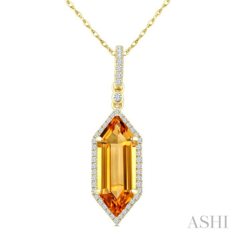 16X6 MM Hexagon Shape Citrine and 1/5 Ctw Round Cut Diamond Semi-Precious Pendant With Chain in 10K Yellow Gold