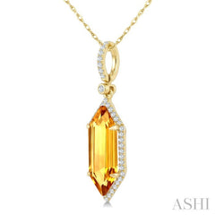 16X6 MM Hexagon Shape Citrine and 1/5 Ctw Round Cut Diamond Semi-Precious Pendant With Chain in 10K Yellow Gold
