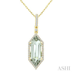 16X6 MM Hexagon Shape Green Amethyst and 1/5 Ctw Round Cut Diamond Semi-Precious Pendant With Chain in 10K Yellow Gold