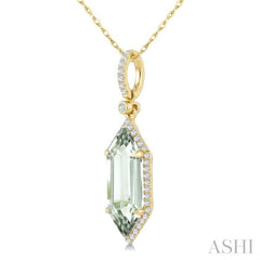 16X6 MM Hexagon Shape Green Amethyst and 1/5 Ctw Round Cut Diamond Semi-Precious Pendant With Chain in 10K Yellow Gold
