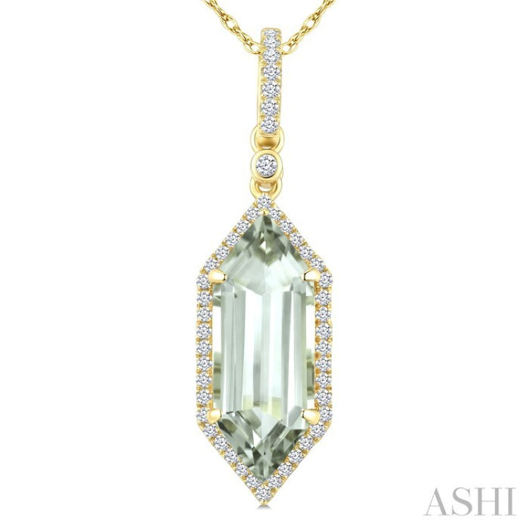 16X6 MM Hexagon Shape Green Amethyst and 1/5 Ctw Round Cut Diamond Semi-Precious Pendant With Chain in 10K Yellow Gold