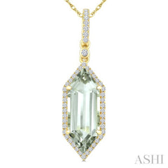 16X6 MM Hexagon Shape Green Amethyst and 1/5 Ctw Round Cut Diamond Semi-Precious Pendant With Chain in 10K Yellow Gold
