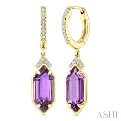 12X5 MM Hexagon Shape Amethyst and 1/6 Ctw Round Cut Diamond Semi-Precious Earrings in 10K Yellow Gold