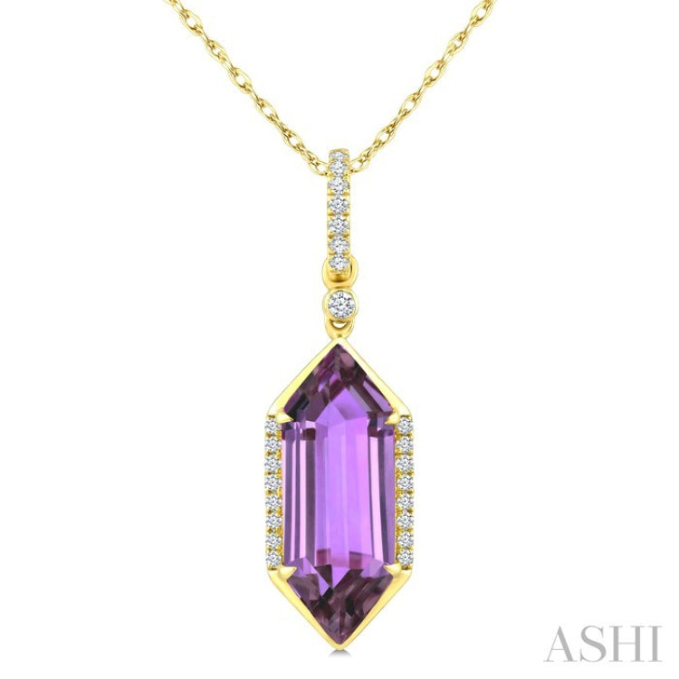 16X6 MM Hexagon Shape Amethyst and 1/10 Ctw Round Cut Diamond Semi-Precious Pendant With Chain in 10K Yellow Gold