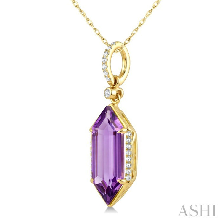 16X6 MM Hexagon Shape Amethyst and 1/10 Ctw Round Cut Diamond Semi-Precious Pendant With Chain in 10K Yellow Gold