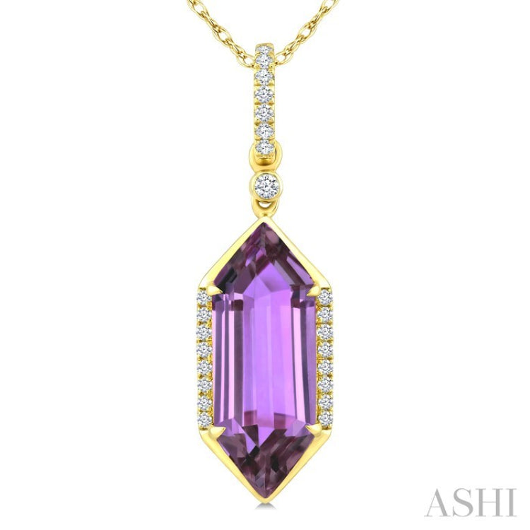 16X6 MM Hexagon Shape Amethyst and 1/10 Ctw Round Cut Diamond Semi-Precious Pendant With Chain in 10K Yellow Gold