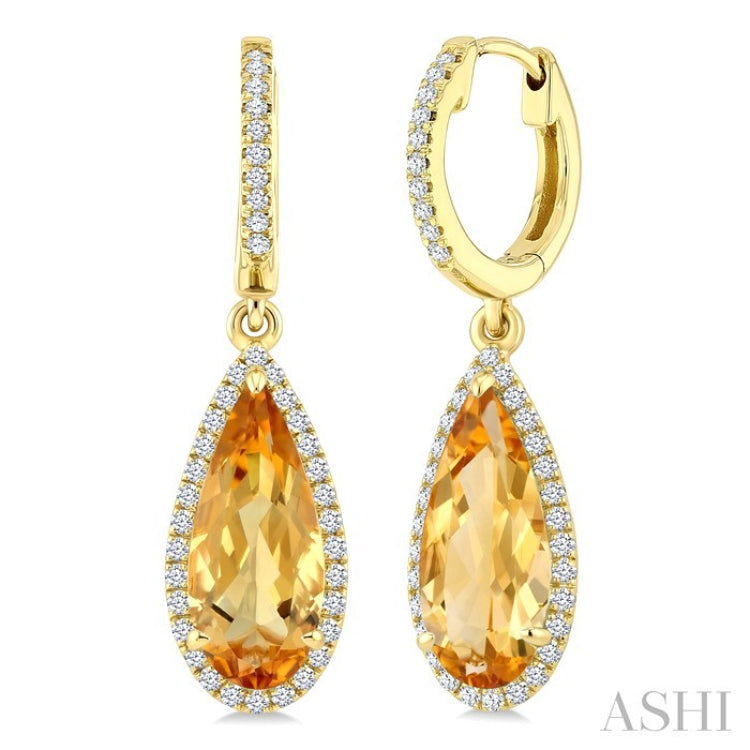 12X5 MM Pear Shape Citrine and 1/3 Ctw Round Cut Diamond Semi-Precious Earrings in 10K Yellow Gold