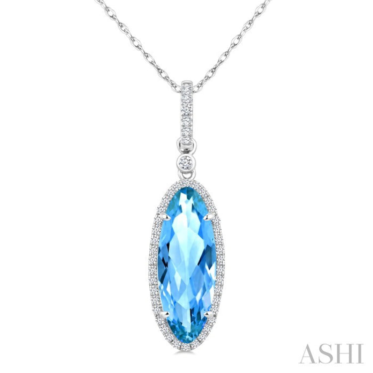 16X6 MM Oval Shape Blue Topaz and 1/5 Ctw Round Cut Diamond Semi-Precious Pendant With Chain in 10K White Gold