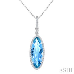 16X6 MM Oval Shape Blue Topaz and 1/5 Ctw Round Cut Diamond Semi-Precious Pendant With Chain in 10K White Gold