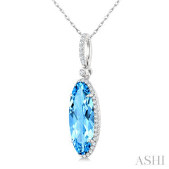16X6 MM Oval Shape Blue Topaz and 1/5 Ctw Round Cut Diamond Semi-Precious Pendant With Chain in 10K White Gold