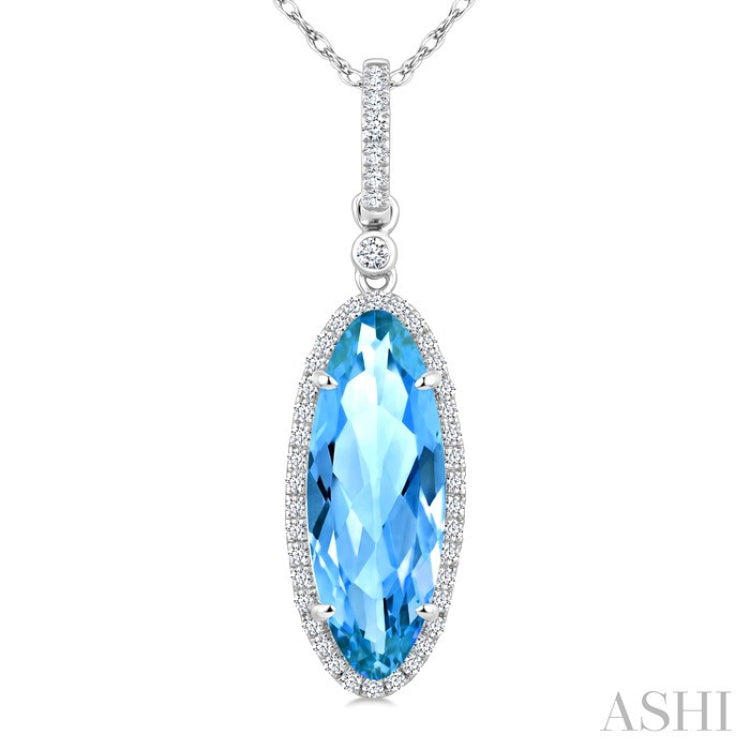 16X6 MM Oval Shape Blue Topaz and 1/5 Ctw Round Cut Diamond Semi-Precious Pendant With Chain in 10K White Gold