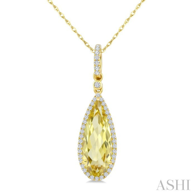 16X6 MM Pear Shape Lemon Quartz and 1/5 Ctw Round Cut Diamond Semi-Precious Pendant With Chain in 10K Yellow Gold