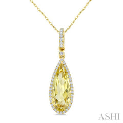 16X6 MM Pear Shape Lemon Quartz and 1/5 Ctw Round Cut Diamond Semi-Precious Pendant With Chain in 10K Yellow Gold