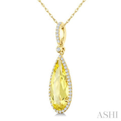 16X6 MM Pear Shape Lemon Quartz and 1/5 Ctw Round Cut Diamond Semi-Precious Pendant With Chain in 10K Yellow Gold