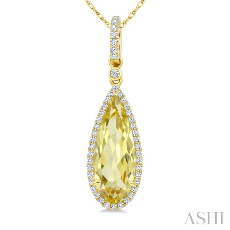 16X6 MM Pear Shape Lemon Quartz and 1/5 Ctw Round Cut Diamond Semi-Precious Pendant With Chain in 10K Yellow Gold