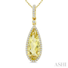 16X6 MM Pear Shape Lemon Quartz and 1/5 Ctw Round Cut Diamond Semi-Precious Pendant With Chain in 10K Yellow Gold