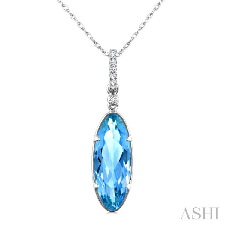 16X6 MM Oval Shape Blue Topaz and 1/20 Ctw Round Cut Diamond Semi-Precious Pendant With Chain in 10K White Gold