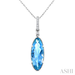 16X6 MM Oval Shape Blue Topaz and 1/20 Ctw Round Cut Diamond Semi-Precious Pendant With Chain in 10K White Gold