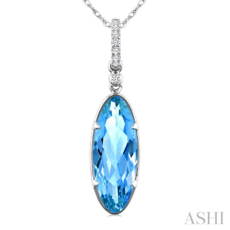 16X6 MM Oval Shape Blue Topaz and 1/20 Ctw Round Cut Diamond Semi-Precious Pendant With Chain in 10K White Gold