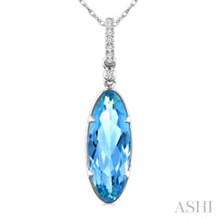 16X6 MM Oval Shape Blue Topaz and 1/20 Ctw Round Cut Diamond Semi-Precious Pendant With Chain in 10K White Gold