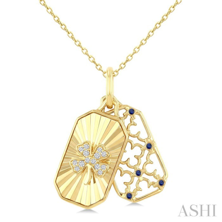 1 MM Round Sapphire and 1/20 Ctw Fluted Texture & Clover Round Cut Diamond Precious Pendant With Chain in 10K Yellow Gold