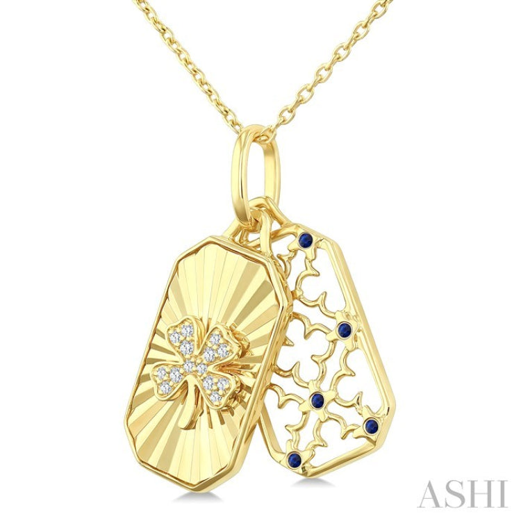 1 MM Round Sapphire and 1/20 Ctw Fluted Texture & Clover Round Cut Diamond Precious Pendant With Chain in 10K Yellow Gold